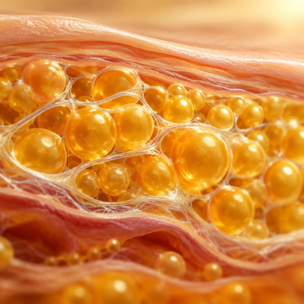 Macro visualization of golden fat cells beneath the skin
